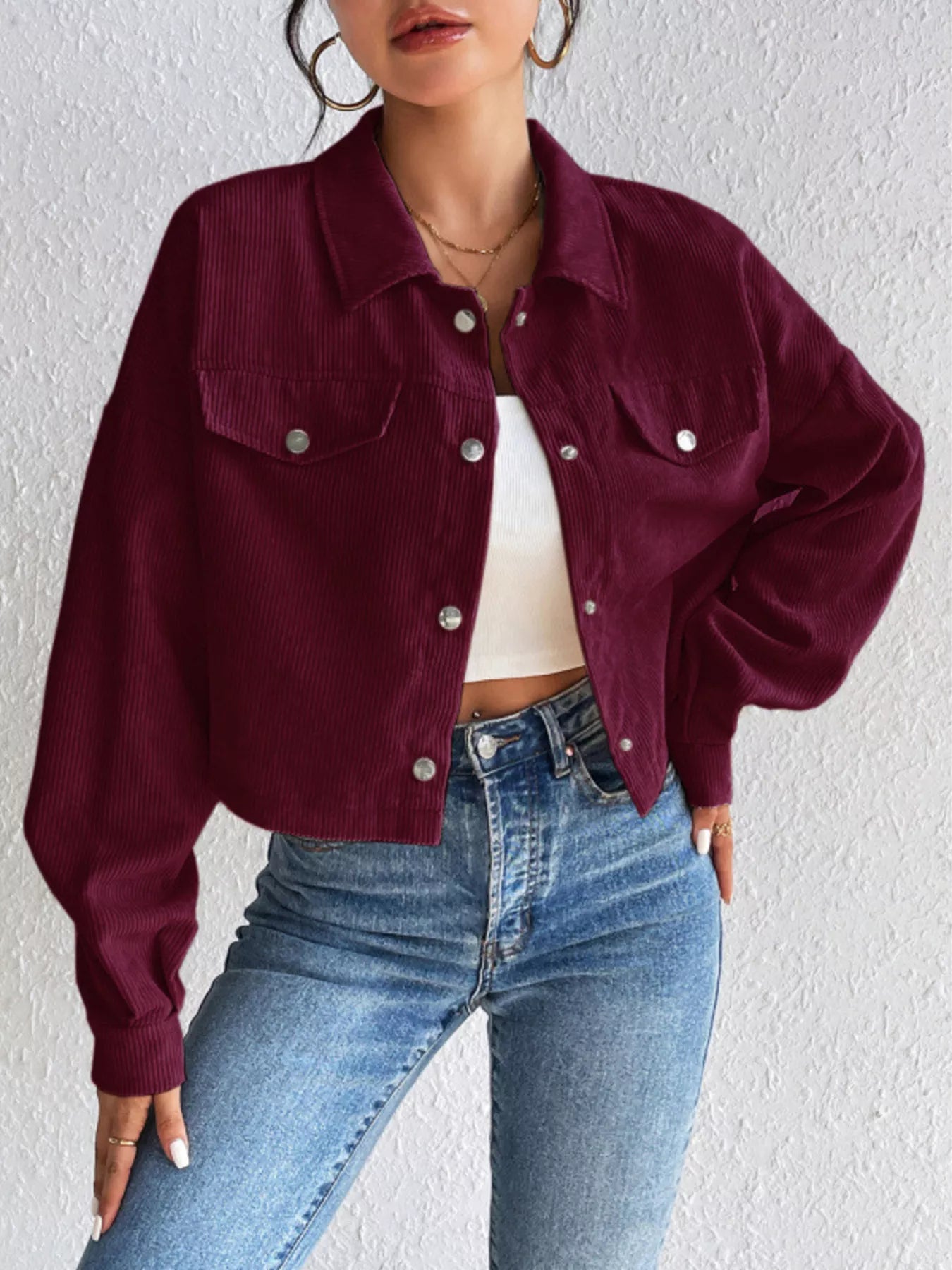 Casual Corduroy Snap Down Cropped Jacket Burgundy