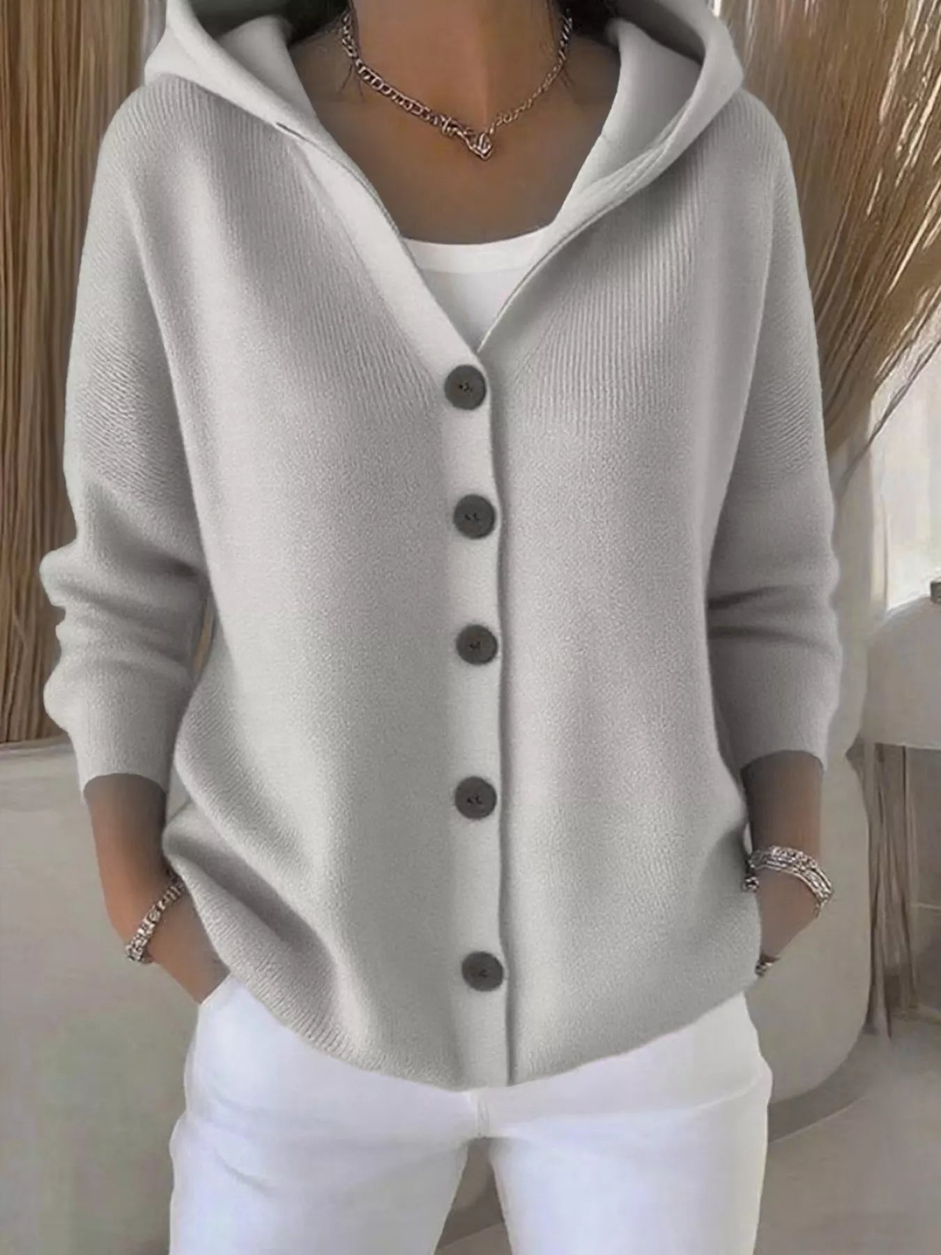 Full Size Hooded Button-Front Soft Knit Cardigan Plus Size Gray