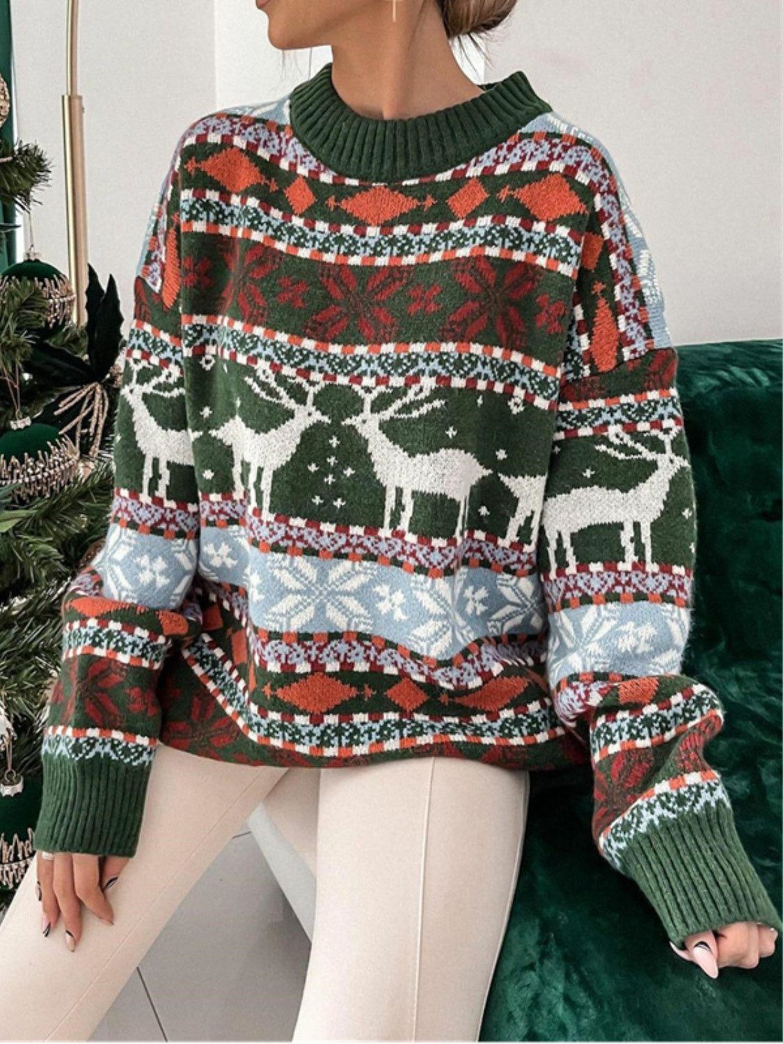 Geometric Round Neck Dropped Shoulder Sweater Green
