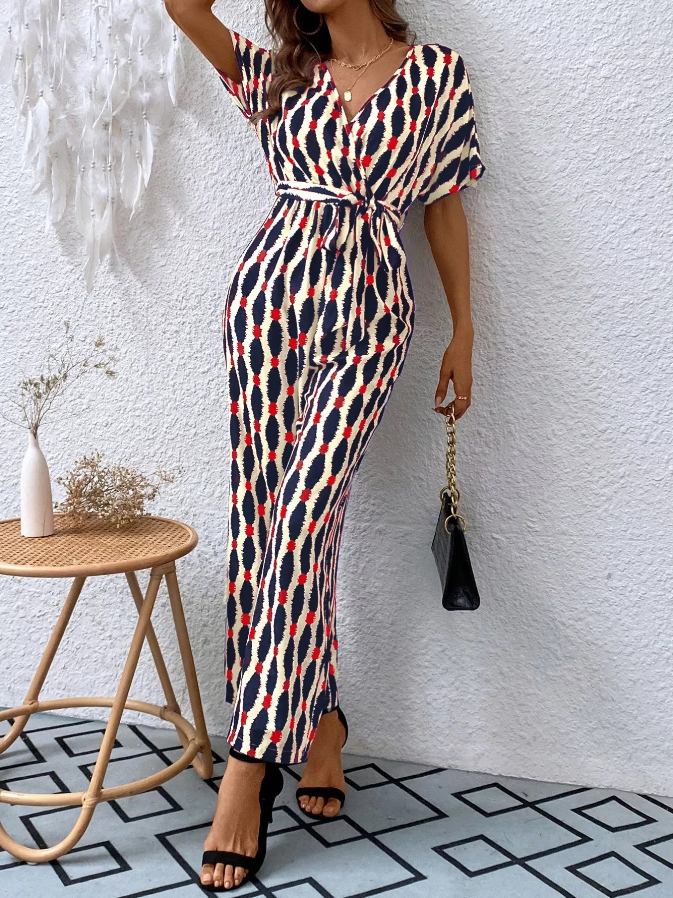 Printed Surplice Tie Waist Short Sleeve Jumpsuit