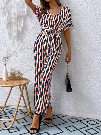 Printed Surplice Tie Waist Short Sleeve Jumpsuit