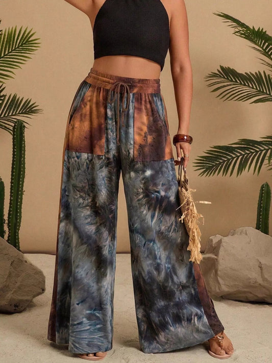 Full Size Tie-Dye Wide Leg Casual Pants Plus Size Multicolor