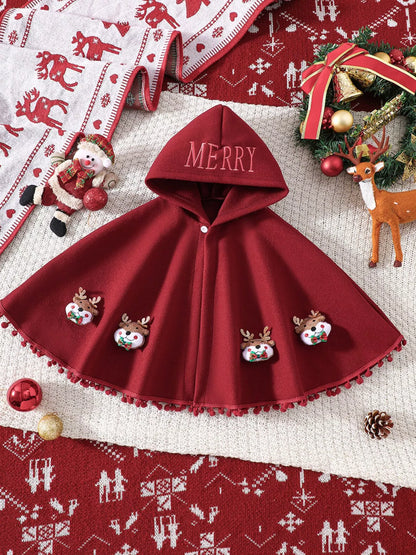 Children's Reindeer Embroidered Christmas Cape Outerwear Burgundy