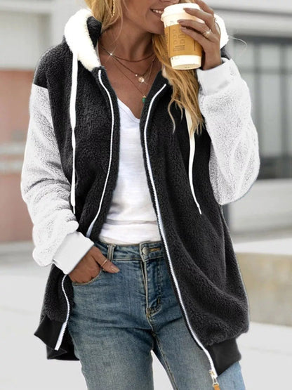 Full Size Fleece Zip-Up Hooded Outerwear Plus Size Black