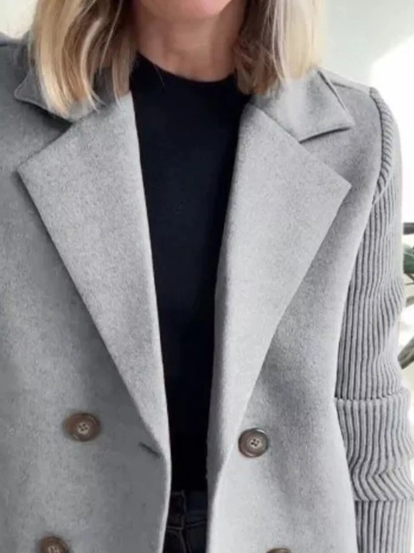 Full Size Knitted Sleeve Wool Blend Double-Breasted Blazer Plus Size Gray