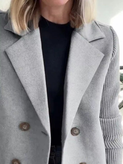 Full Size Knitted Sleeve Wool Blend Double-Breasted Blazer Plus Size Gray