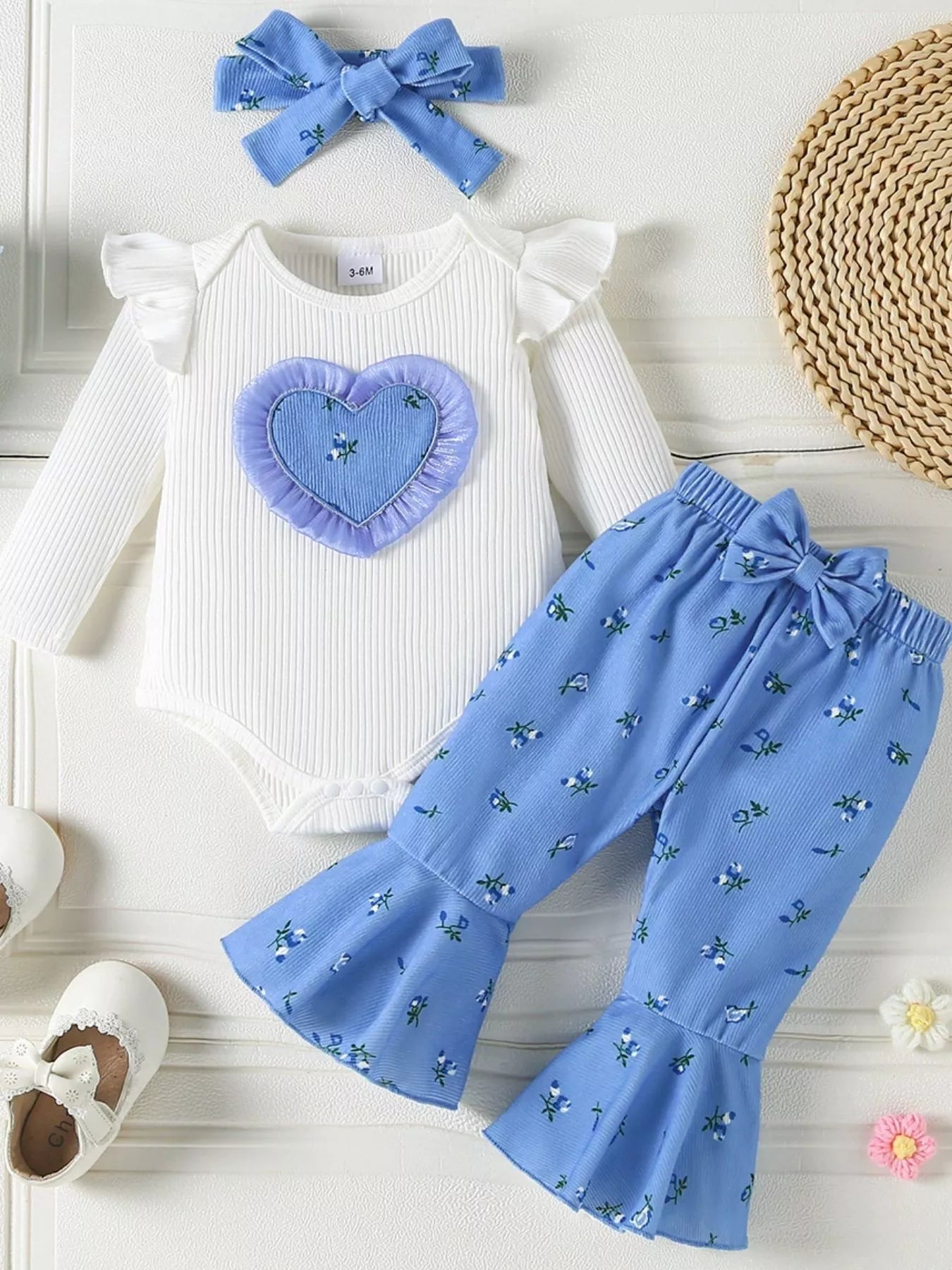 Children's Ruffled Bodysuit and Floral Pants Outfit Set with Headband Sky Blue