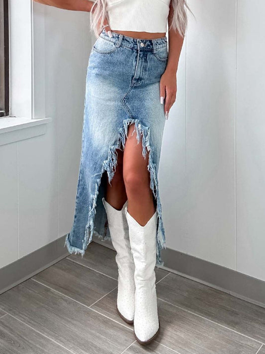 High-Waist Raw Hem Asymmetry Denim Skirt