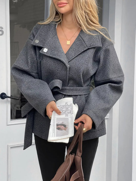 Tie Waist Wool Blend Outerwear Gray