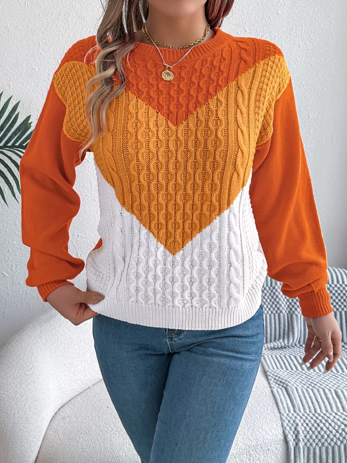Color Block Cable Knit Sweater