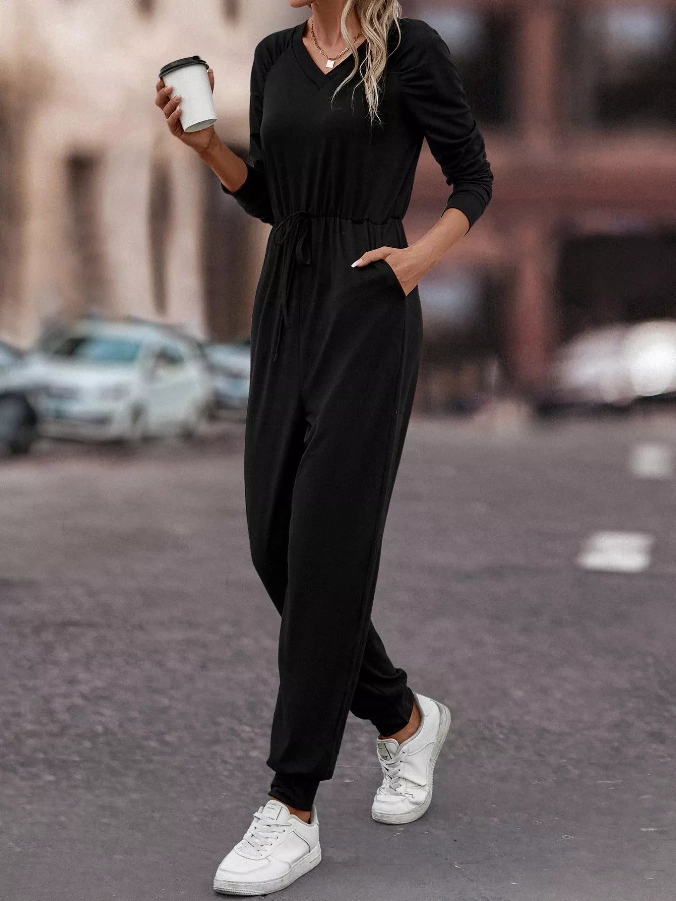 Casual Long Sleeve Drawstring Waist Jumpsuit