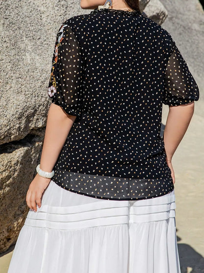 Plus Size Printed Tie Neck Half Sleeve Blouse