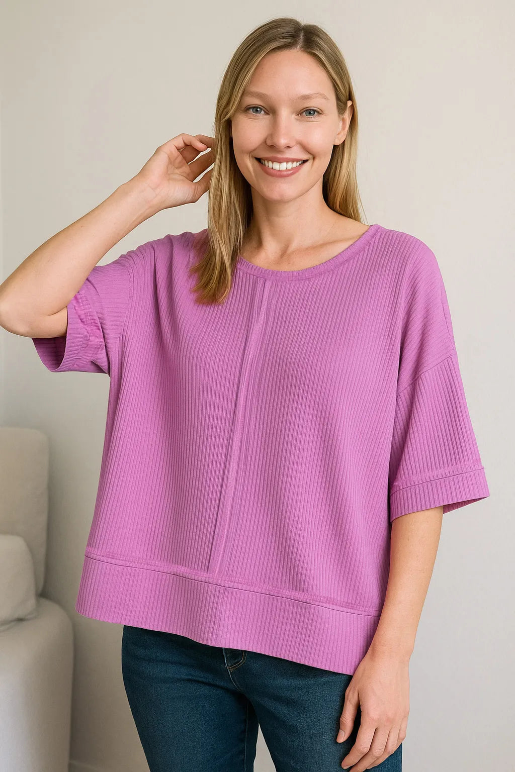 Zenana Ribbed Boat Neck 3/4 Sleeve Top MAUVE