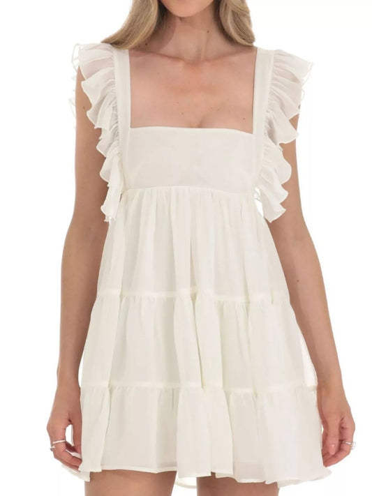 Ruffled Square Neck Tiered Dress Ivory White
