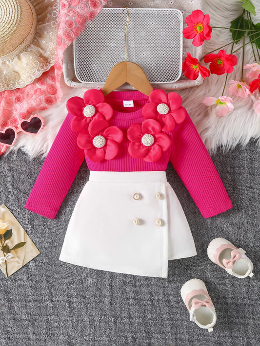Children's Floral Applique Ribbed Top & Button Decor Skirt Set Deep Rose