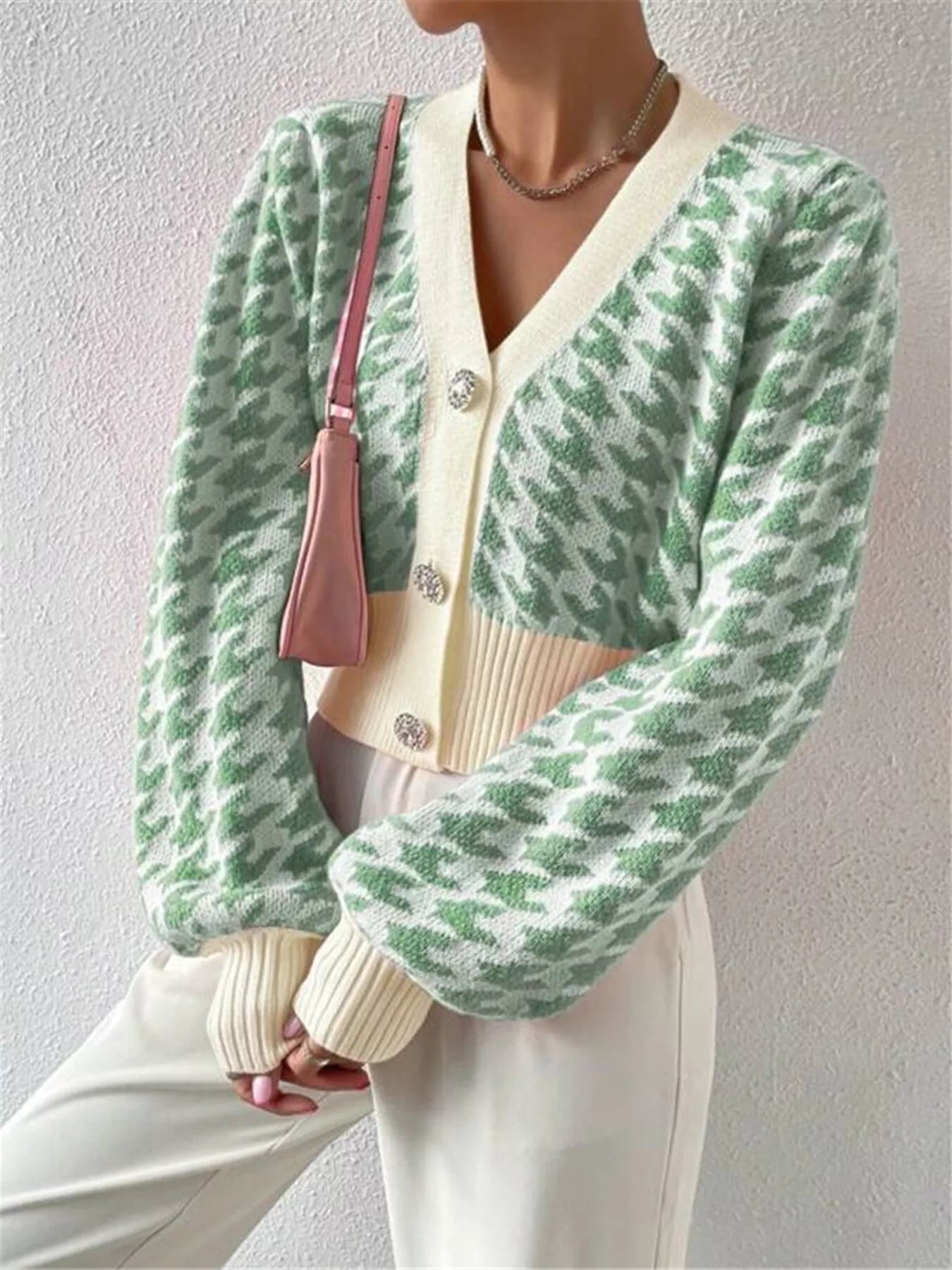 Houndstooth V-Neck Button Up Cardigan Gum Leaf