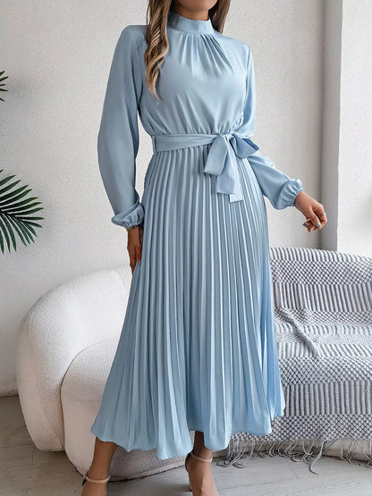 Mock Neck Pleated Midi Dress