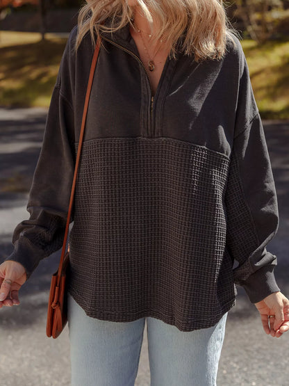 Waffle Knit Patchwork Half Zipped Casual Sweatshirt Dark Gray