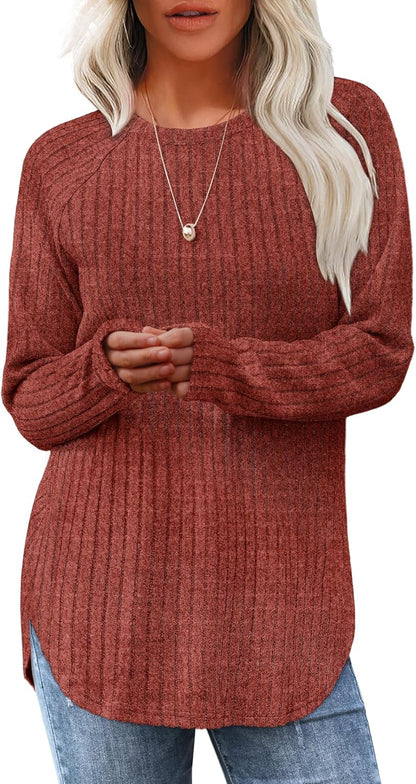 Women's Long Sleeve Tunic Tops - Loose Fit Crewneck Pullover with Curved Hem Caramel