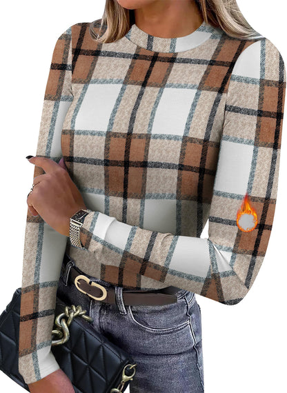 Women's Long Sleeve Thermal Shirt - Fleece Mock Neck Slim Fit Top F-brown Grid