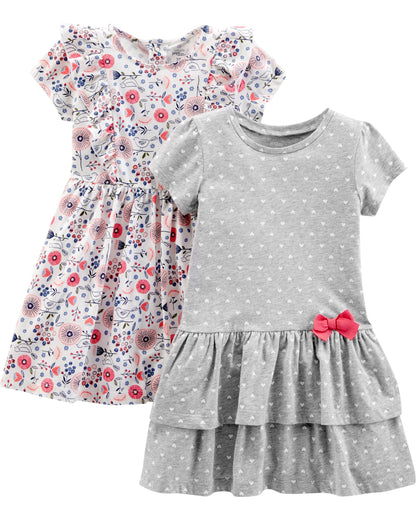 Girls Dress Set 2-Pack - Short Sleeve and Sleeveless Dresses Grey Hearts White Floral