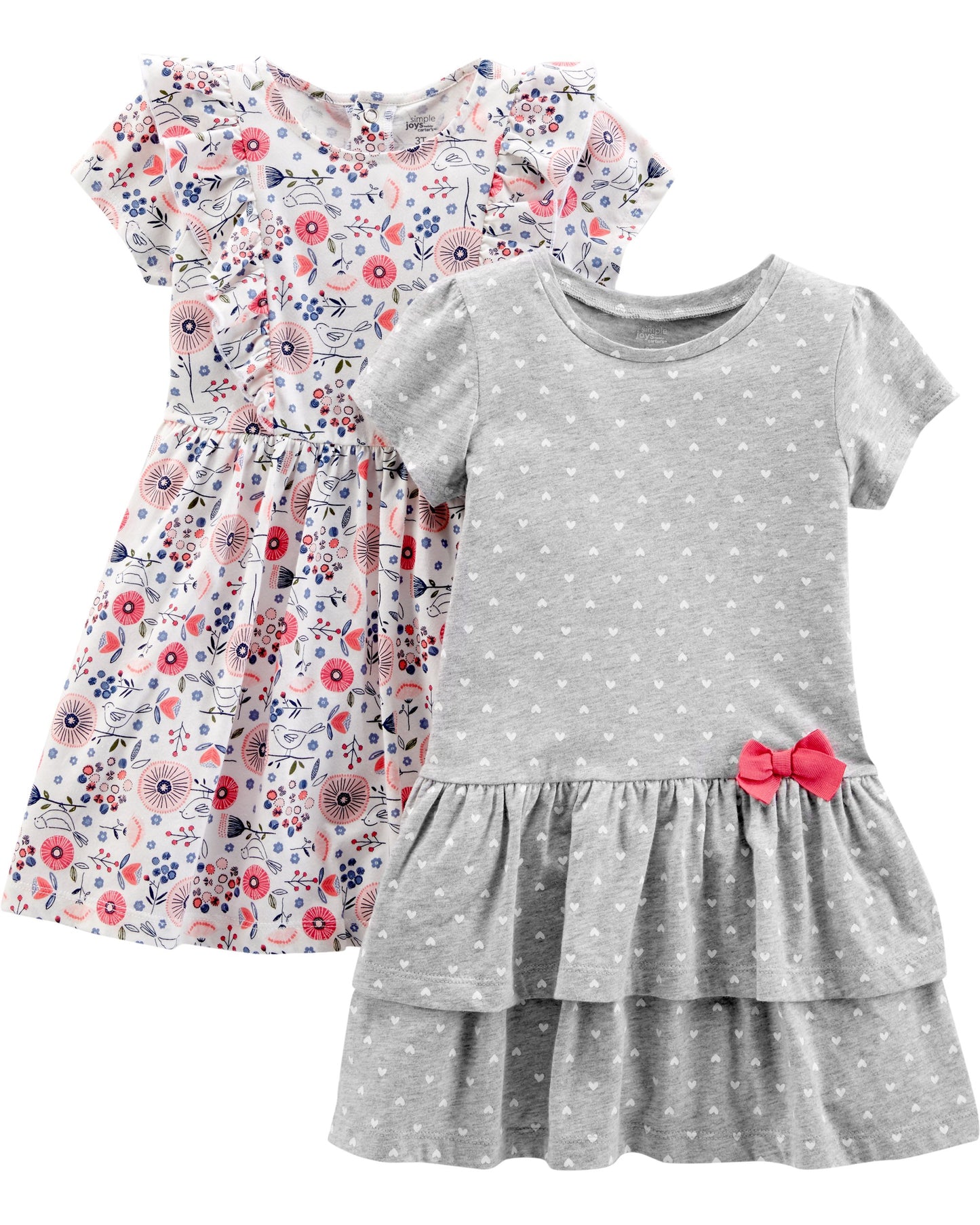 Girls Dress Set 2-Pack - Short Sleeve and Sleeveless Dresses Grey Hearts White Floral