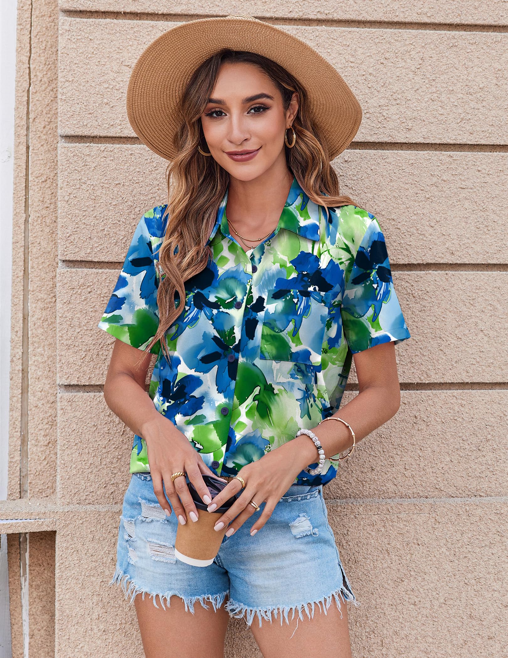 Polyester Blouse - Women's Button Down Shirt Short Sleeve Business Casual Blouse with Chest Pocket