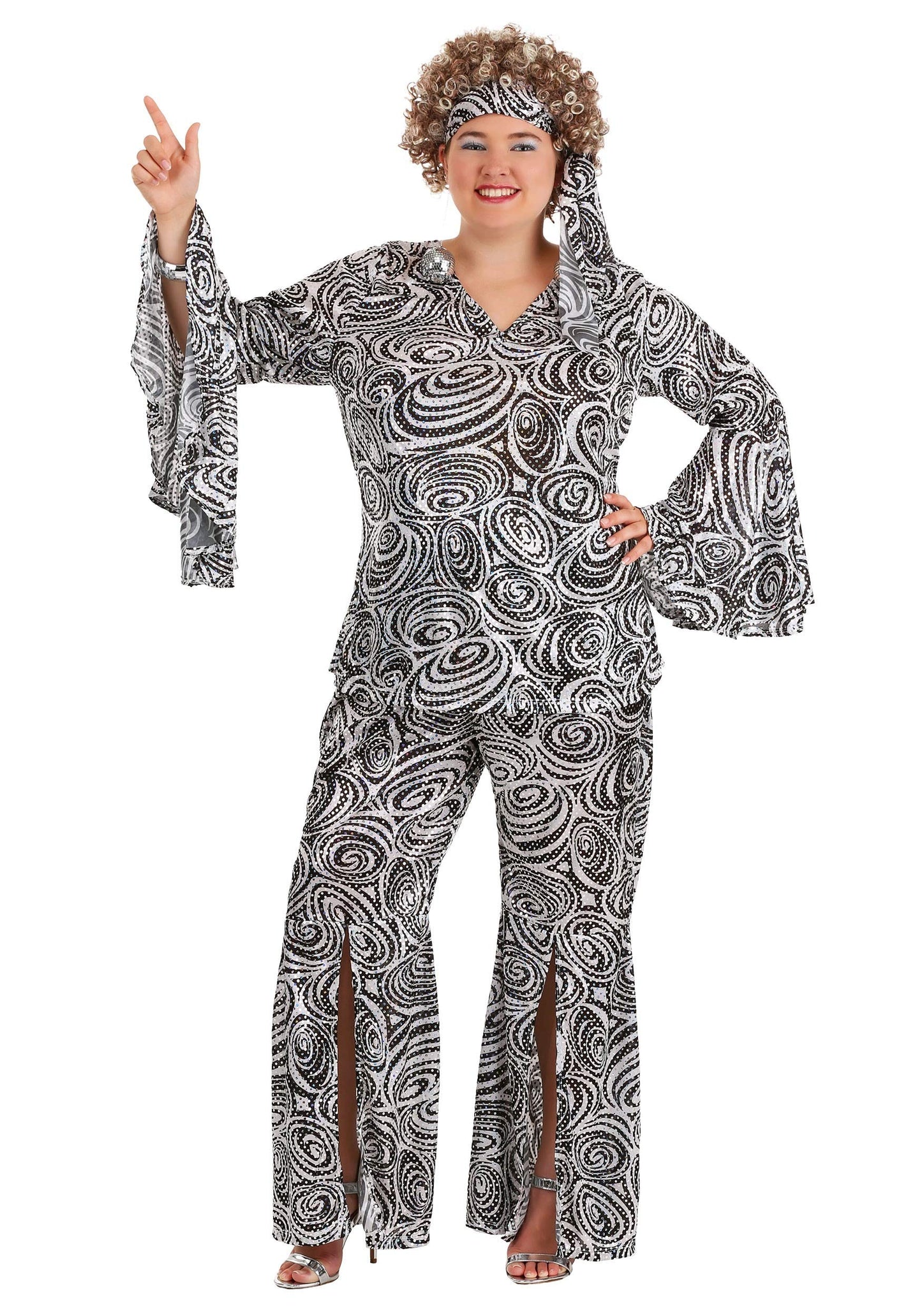 Foxy Lady Disco Costume - Women's 70s Retro Outfit with Bell Bottoms Black,white
