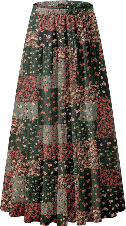 Chiffon Maxi Skirt for Women - High Waist Pleated A-Line Flared Long Skirt
