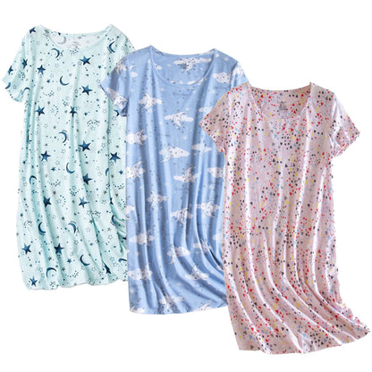 PNAEONG 3 Pack Women's Cotton Nightgown Sleepwear Short Sleeves Shirt Casual Print Sleepdress