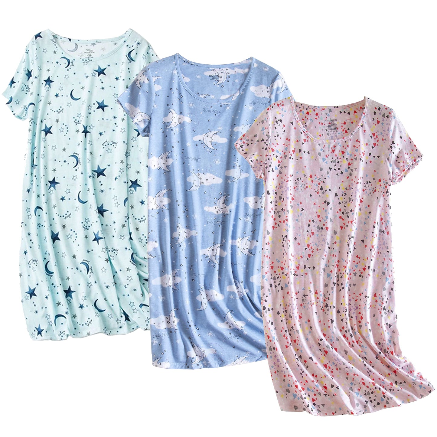PNAEONG 3 Pack Women's Cotton Nightgown Sleepwear Short Sleeves Shirt Casual Print Sleepdress