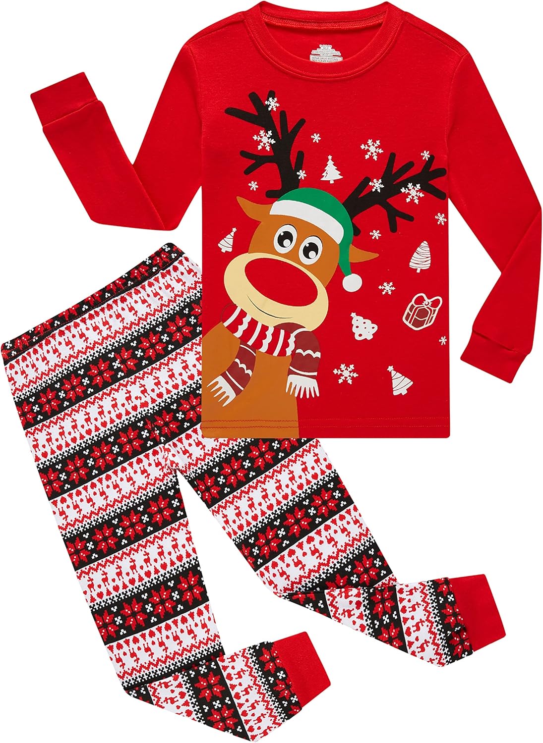 Kids Cotton Pajamas 2 Piece Set - Soft Sleepwear for Boys and Girls Christmas Red Reindeer A6
