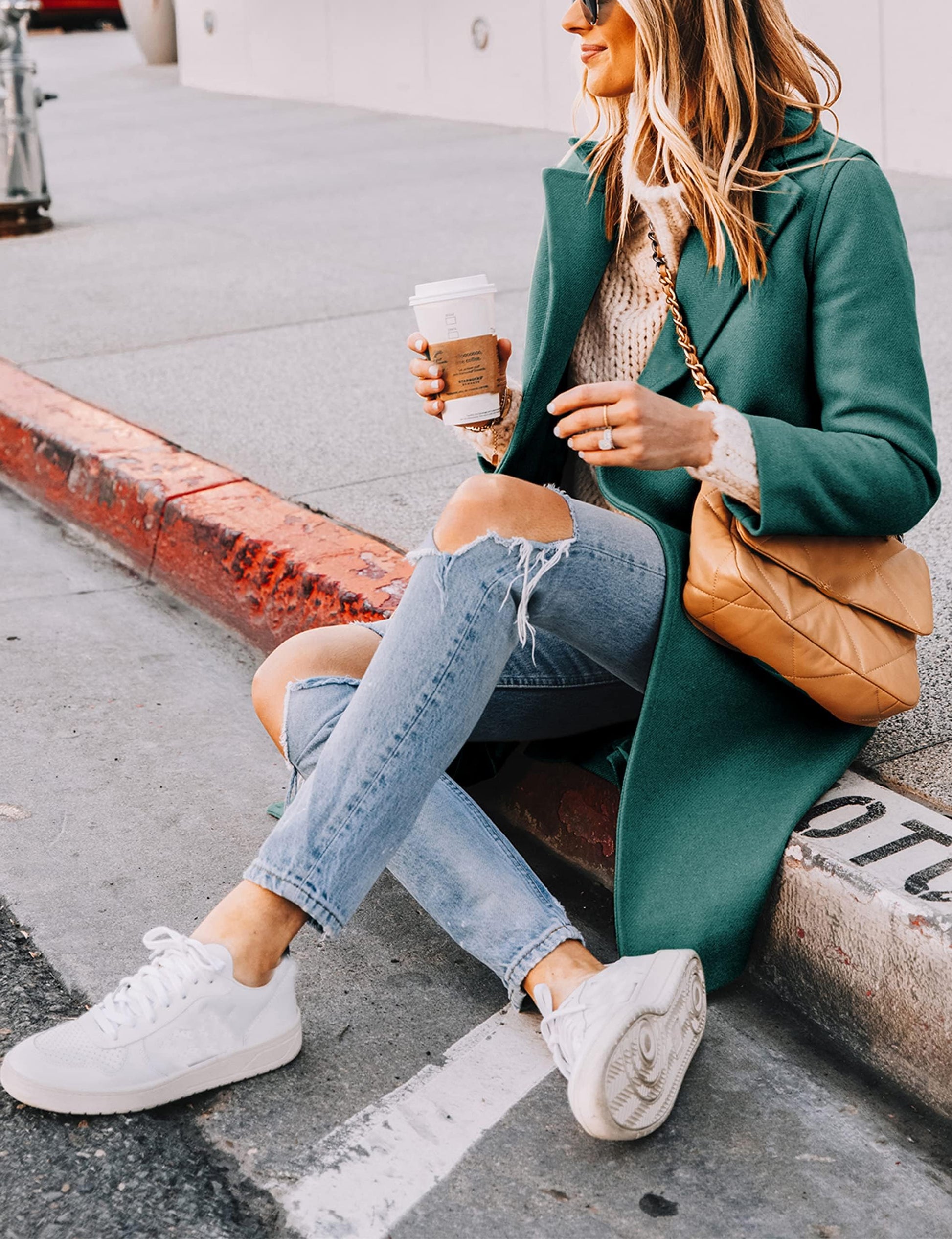 Wool Blend Pea Coat - Double Breasted Mid Length Trench Coat for Women