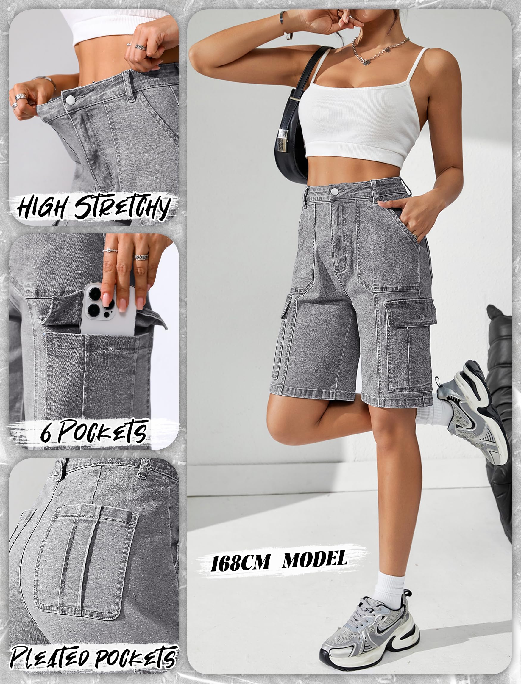 Women High Waisted Bermuda Cargo Shorts - 6 Pockets Stretchy Knee Length Summer Shorts