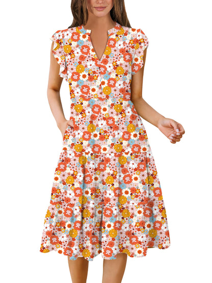 Blue Casual Dresses - Women's Summer Midi Dress - Ruffle Sleeve V-Neck Boho Beach Dress Orange Floral