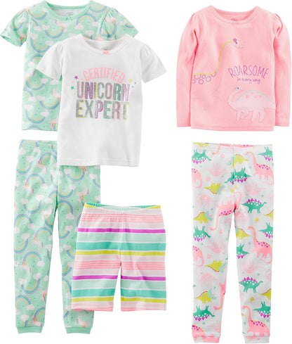 Girls Cotton Pajama Set 6-Piece - Snug Fit PJ Pack for Babies Toddlers Mint Green Rainbow Pink White Dinosaur Stripe Unicorn