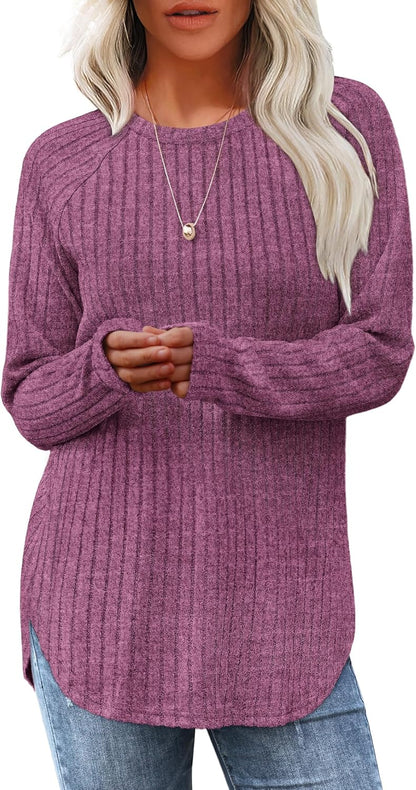 Women's Long Sleeve Tunic Tops - Loose Fit Crewneck Pullover with Curved Hem Rose Purple