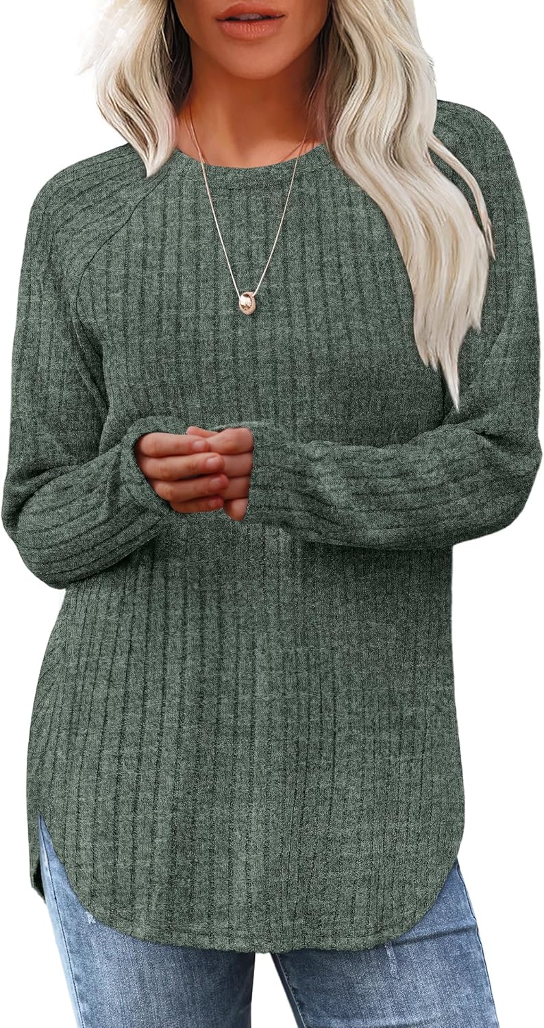 Long Sleeve Tunic Top for Women - Loose Fit Pullover with Curved Hem Green