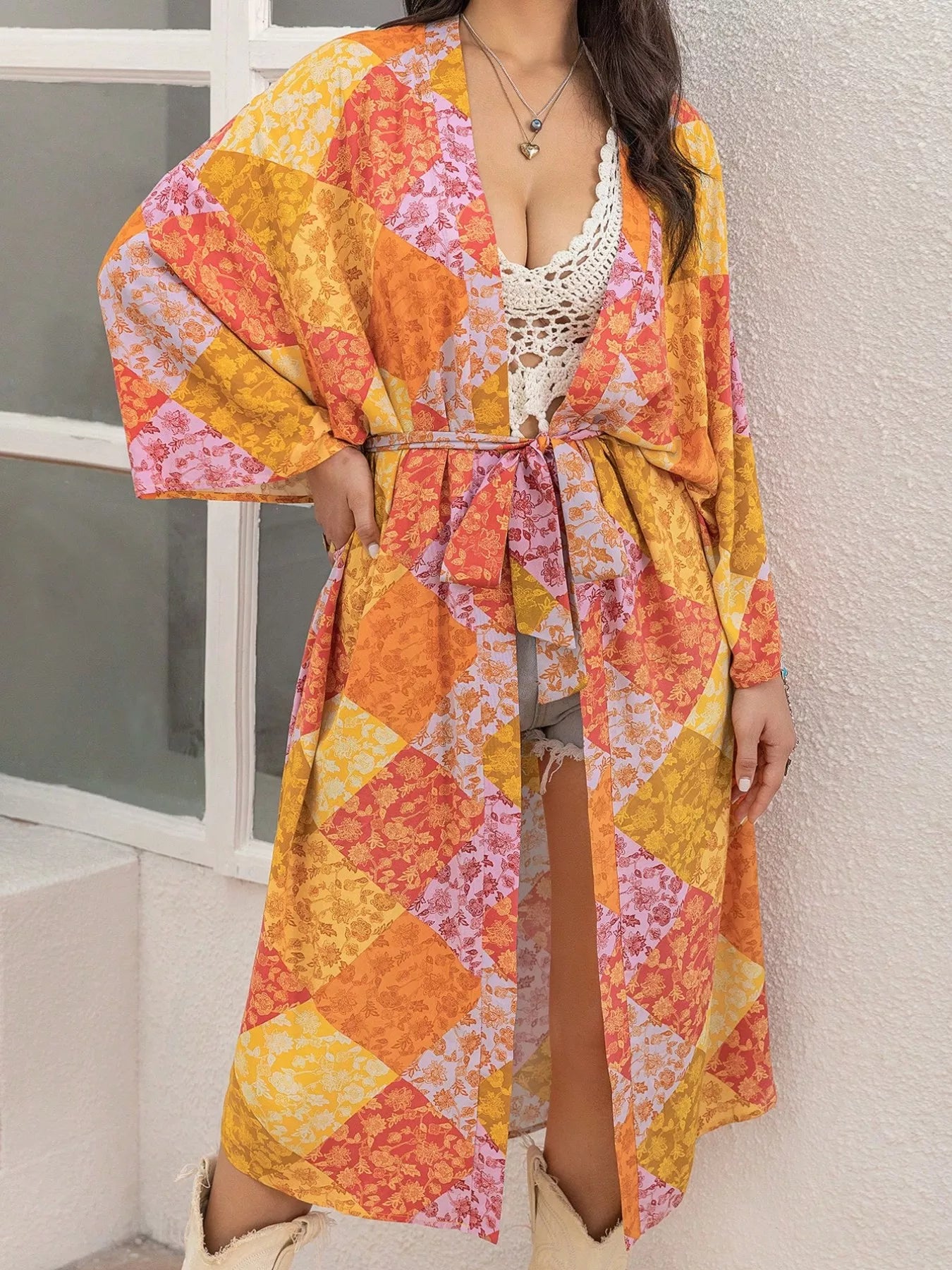 Open Front Long Sleeve Cover Up Tangerine