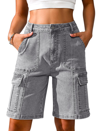 Women High Waisted Bermuda Cargo Shorts - 6 Pockets Stretchy Knee Length Summer Shorts A Gray Jean