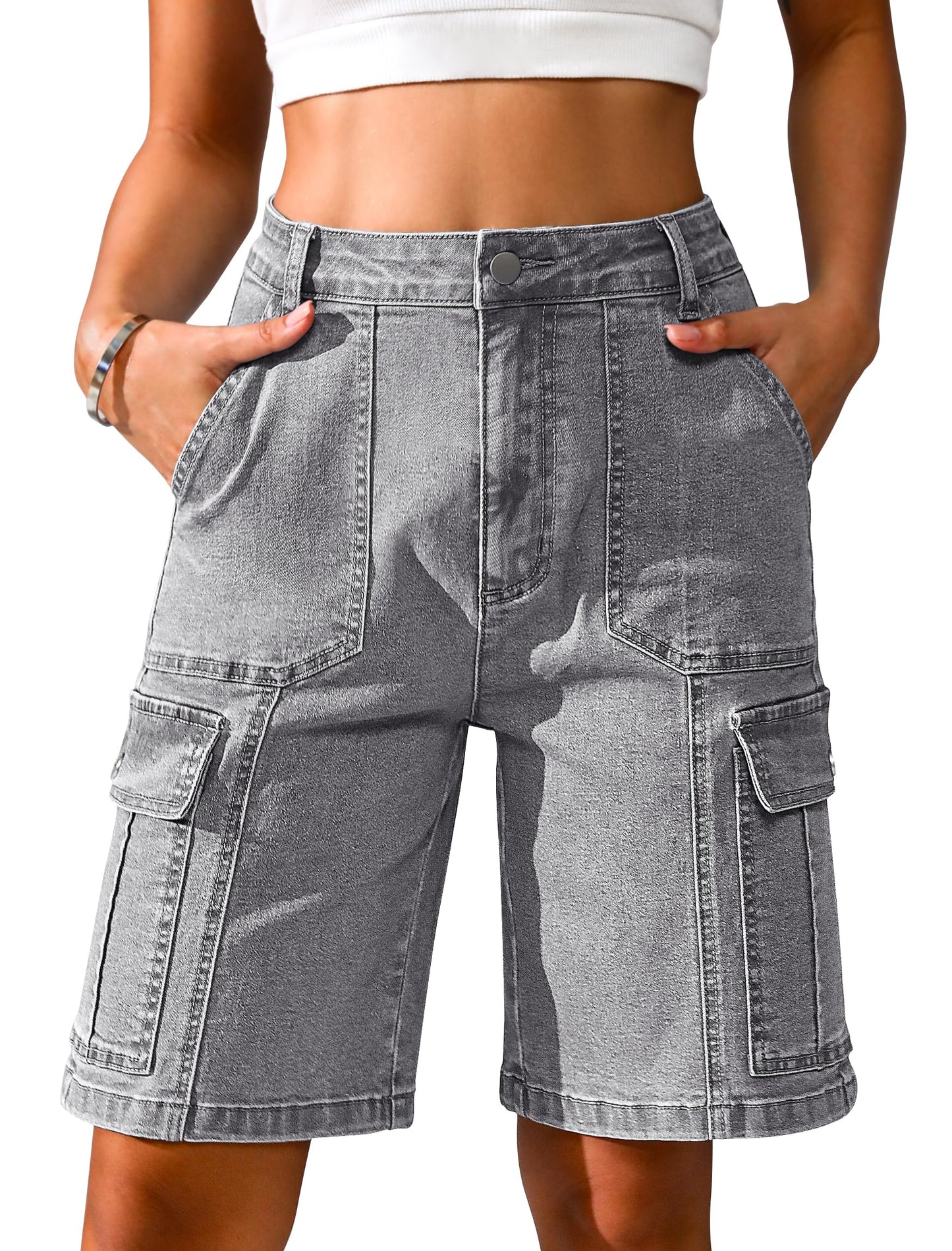 Women High Waisted Bermuda Cargo Shorts - 6 Pockets Stretchy Knee Length Summer Shorts A Gray Jean