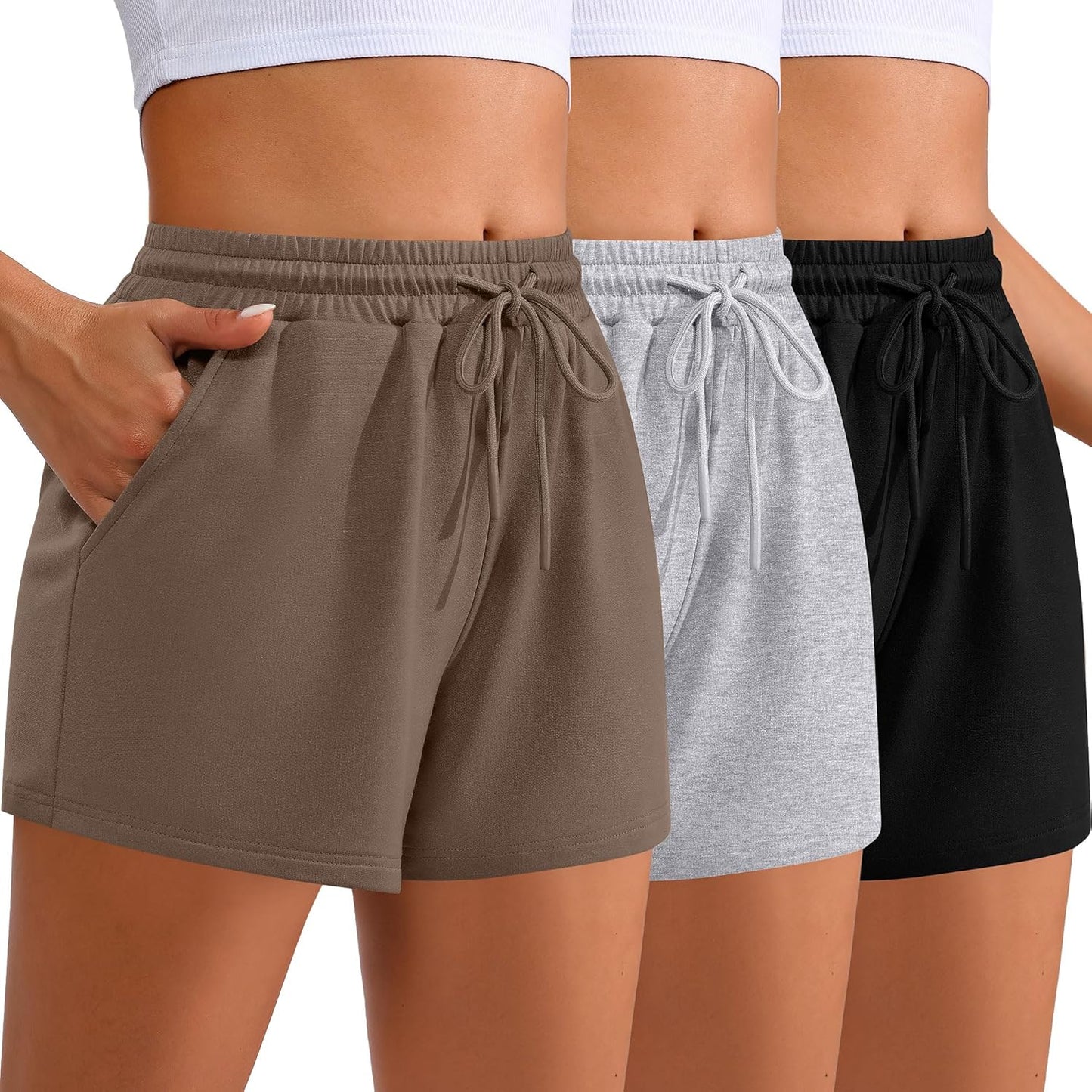 Women Sweat Shorts 3-Pack - High Waist Athletic Lounge Shorts with Pockets
