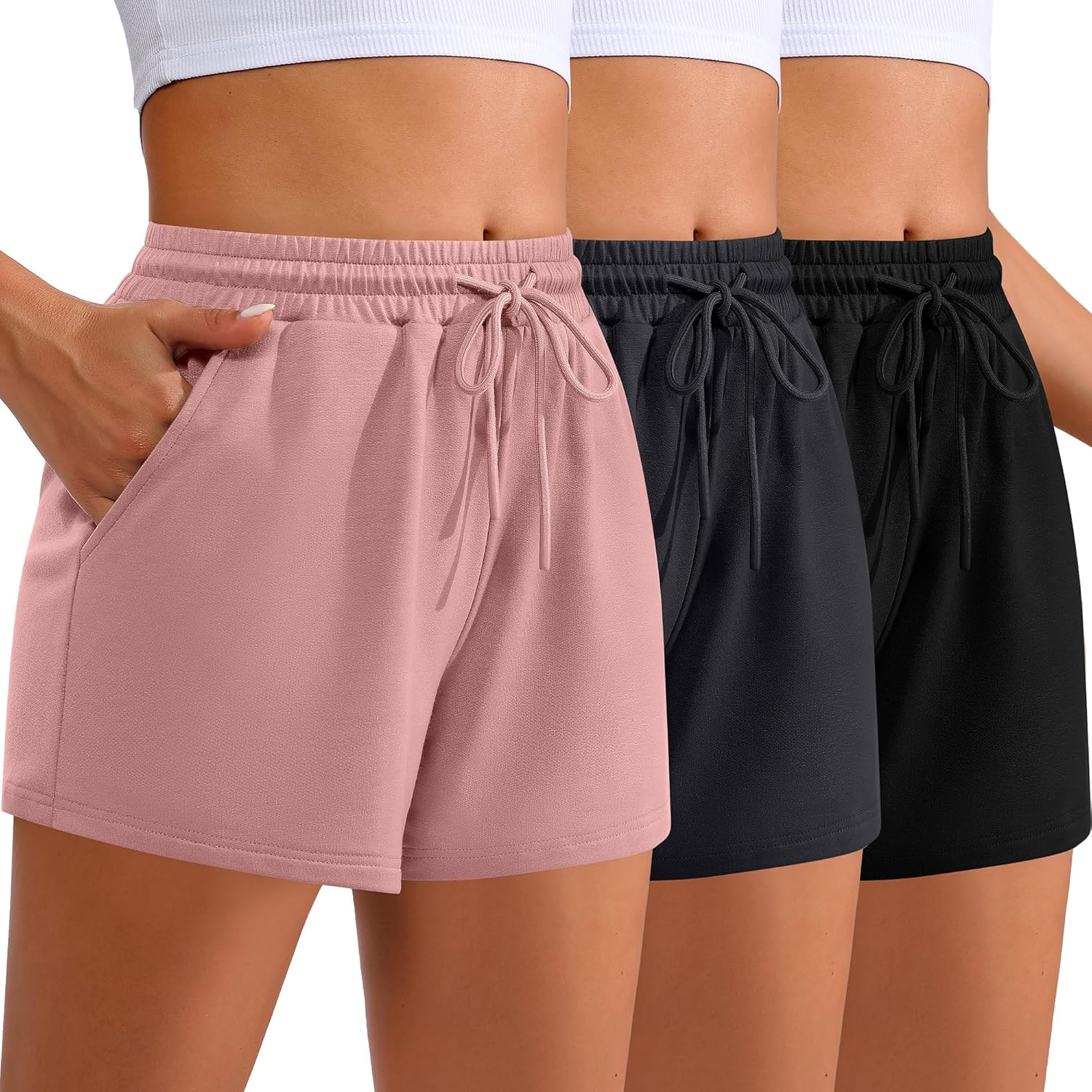 Women Sweat Shorts 3-Pack - High Waist Athletic Lounge Shorts with Pockets
