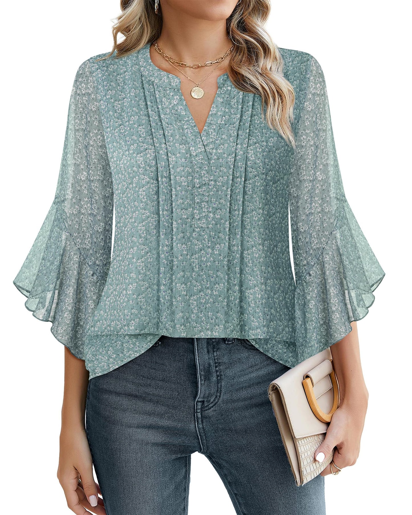 Beautiful Blouses For Ladies - Women's 3/4 Sleeve Chiffon Blouse Dressy Business Casual Work Shirt Blue Gray