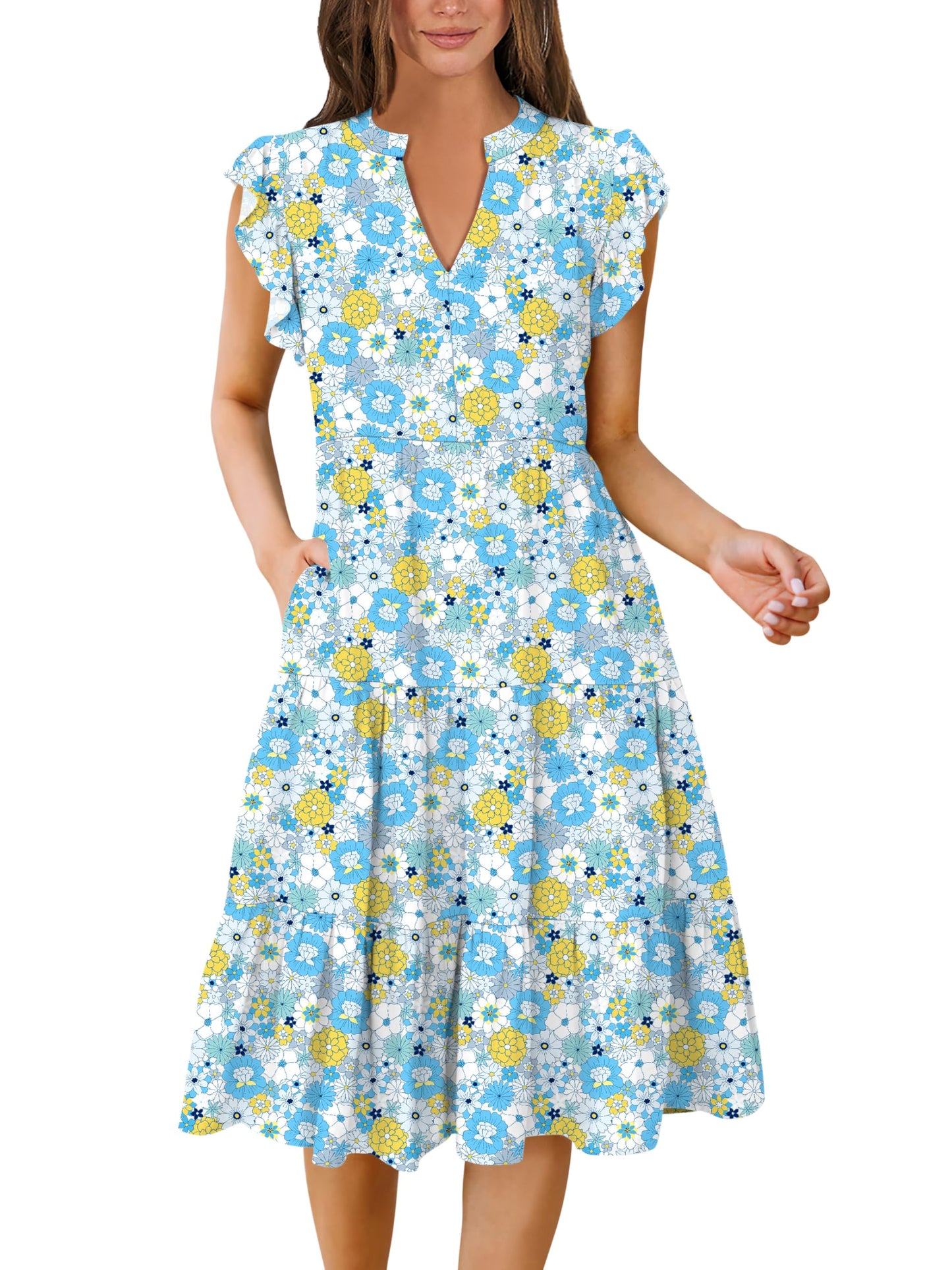 Blue Casual Dresses - Women's Summer Midi Dress - Ruffle Sleeve V-Neck Boho Beach Dress Blue Yellow Floral