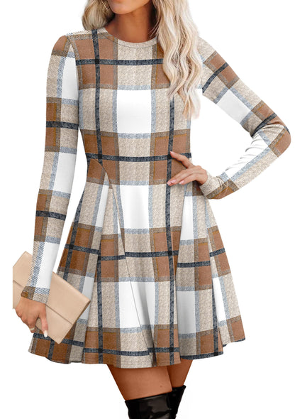 Women's Sweater Dress - Long Sleeve Ribbed Knit Fit and Flare A-Line Dress Plaid 1