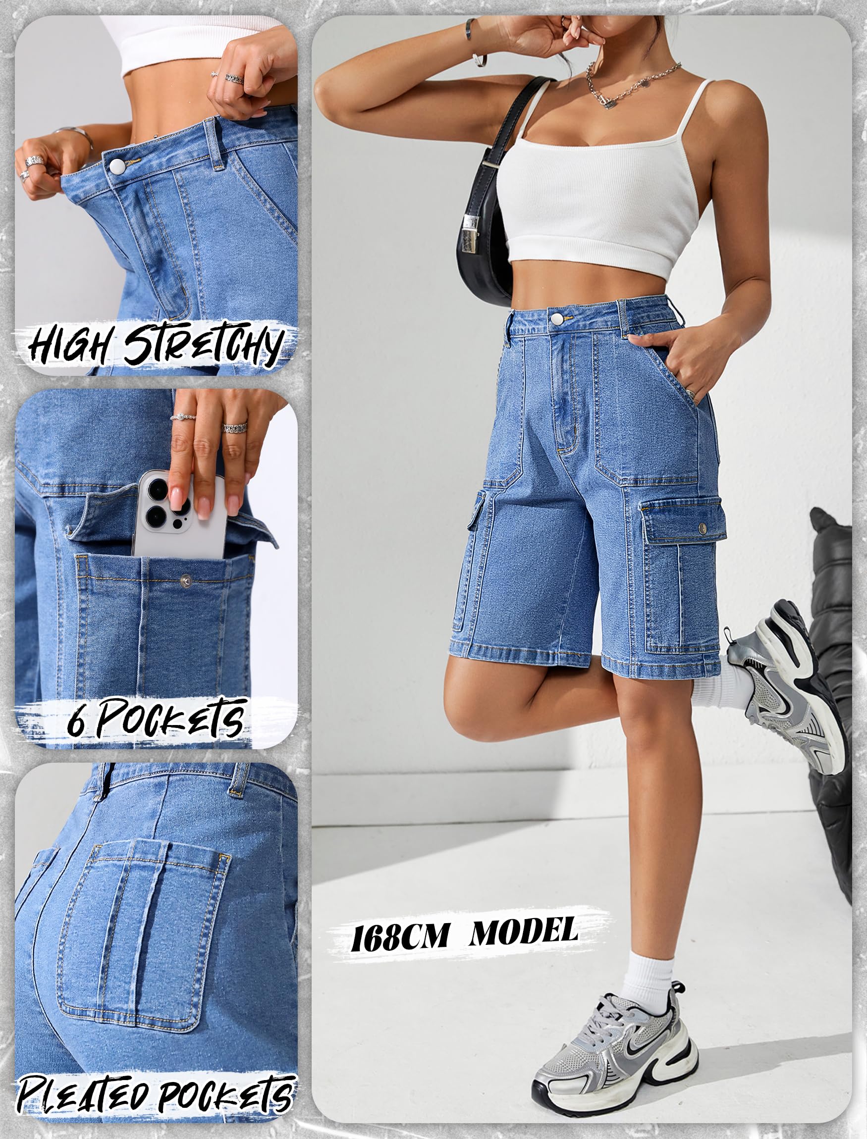 Women High Waisted Bermuda Cargo Shorts - 6 Pockets Stretchy Knee Length Summer Shorts