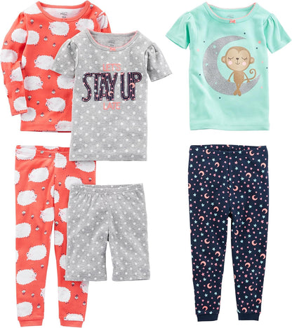 Girls Cotton Pajama Set 6-Piece - Snug Fit PJ Pack for Babies Toddlers Coral Orange Sheep Green Monkey Grey Dots Navy Stars