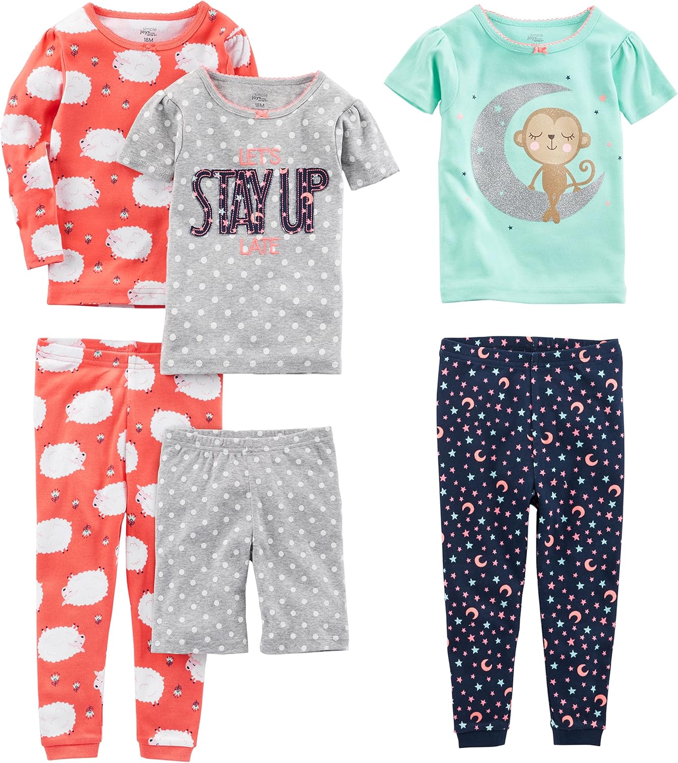 Girls Cotton Pajama Set 6-Piece - Snug Fit PJ Pack for Babies Toddlers Coral Orange Sheep Green Monkey Grey Dots Navy Stars