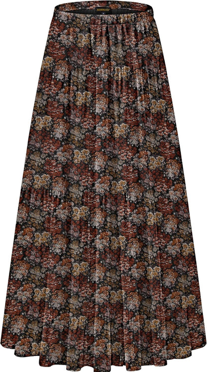 Chiffon Maxi Skirt for Women - High Waist Pleated A-Line Flared Long Skirt Small Black Red Flower